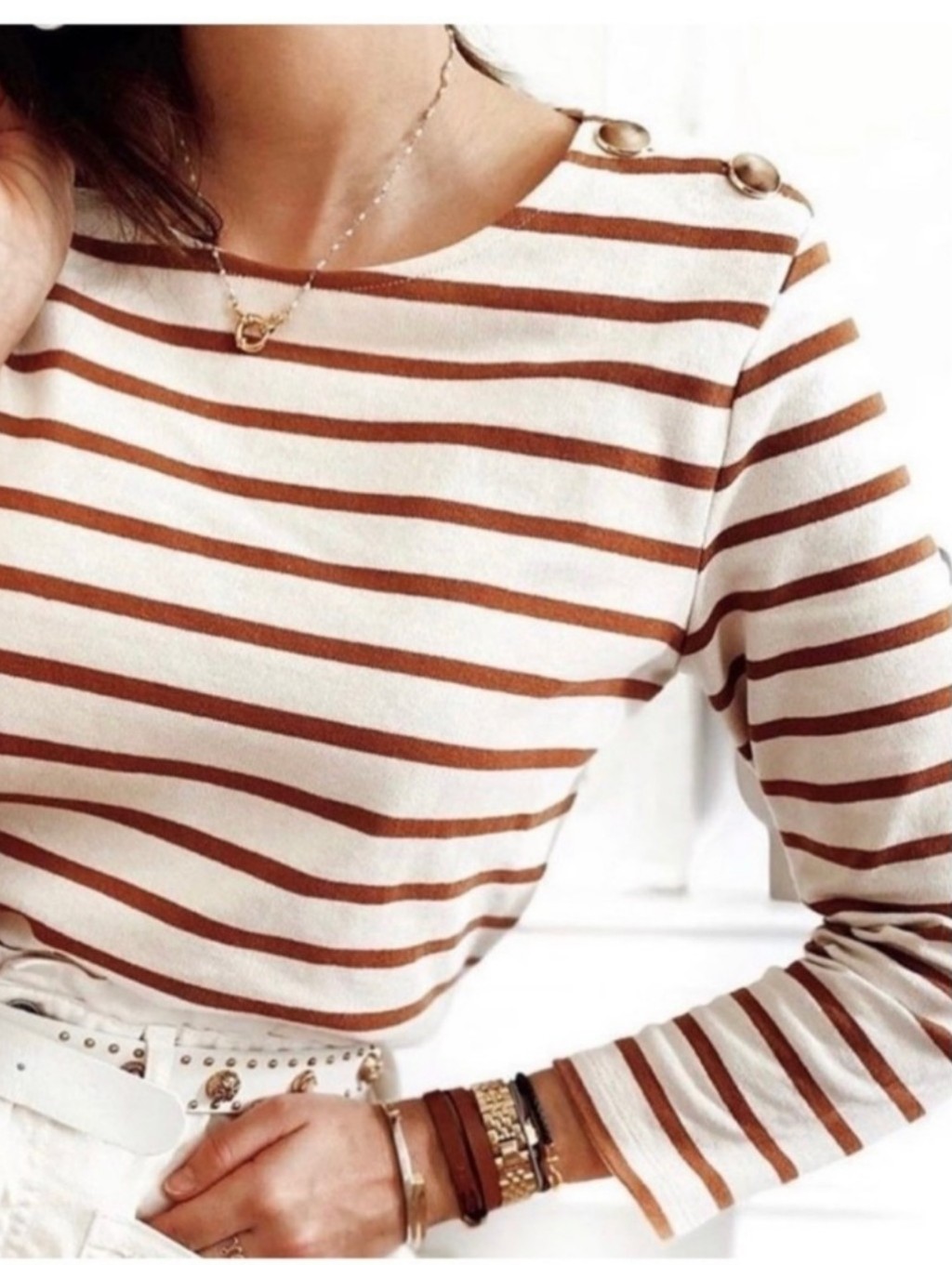 Sezane Colette Mariniere Striped Top Ecru Camel Brown Bateau Neck S